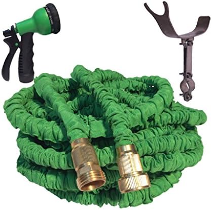 50 Foot Green Expandable Garden Hose, Strongest Expandable Hose, Stainless Steel Holder (pat pend), Brass Fittings, Rugged Nylon Fabric, Double Latex Core, 8 Way Sprayer (50 Feet)