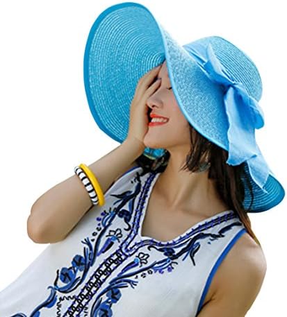 Kaisifei Bowknot Casual Straw Women Summer Hats Big Wide Brim Beach Hat (azure)