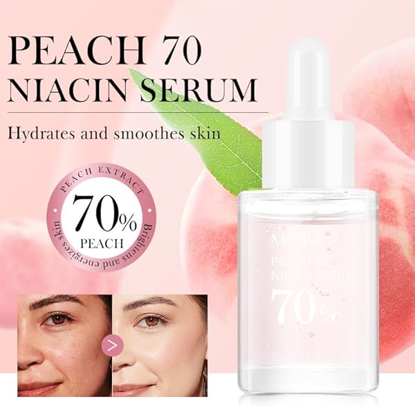 PEACH 70 NIACINAMIDE SERUM, PEACH EXTRACT, VITAMINS C AND E, ENHANCES RADIANCE, HYDRATES SKIN EADIANCE, DEEPLY HYDRATES, REPAIRS AND SOOTHES