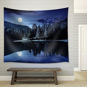 Lake Near The Pine Forest in Mountains at Night in Full Moon Light - Fabric Wall Tapestry Home Decor - 51x60 inches