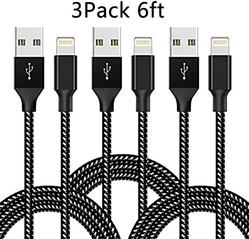 ONLINER hui-161 6' Extra Long High Speed Nylon Braided Cable Lightning Cord for iPhone 7/7 Plus/6/6 Plus/6S/6S Plus/Se/5S/5/iPad/iPod Nano 7 - Black/White - 3 Piece