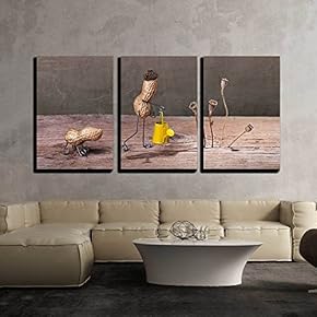 3 Piece Canvas Wall Art - Miniature with Peanut Man Doing Garden Work with His Dog - Modern Home Art Stretched and Framed Ready to Hang - 16"x24"x3 Panels