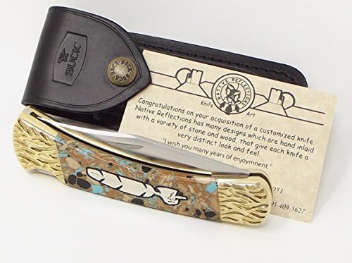 Yellowhorse USA Made Apache Boulder Turquoise Handle Eagle Feather Inlay Pocket Knife Custom Buck Knives Leather Sheath