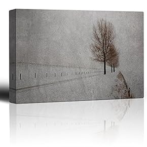 Lone Tree Against an Empty Road with a Fence - Canvas Art Home Art - 12x18 inches