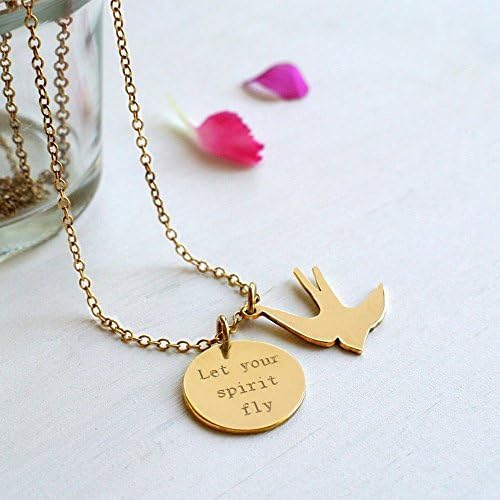 Personalized Gold Disc and Swallow Charm 'Let Your Spirit Fly' Necklace