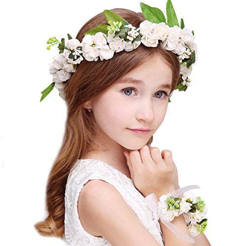 KSDN Wedding Flower Girls Headpiece Halo Garland Hair Wreath With Wrist Band White