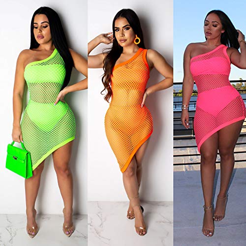 Kafiloe 3 Pieces Swimwear for Women Bandeau Top + Bikini Bottom + Mesh See Through Cover Up Dress Orange 3XL