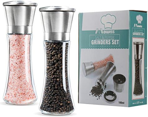 Mowiss Salt and Pepper Mill Set(2pcs) Glass&amp;Stainless Elegant Salt Mill-Pepper Mill,Body with Adjustable Ceramic Grinder