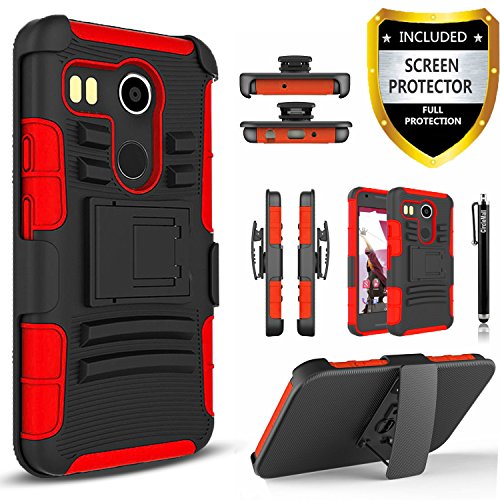 LG Nexus 5X Case, Combo Rugged Shell Cover Holster with Built-in Kickstand and Holster Locking Belt Clip + Circle(TM) Stylus Touch Screen Pen and Screen Protector Red