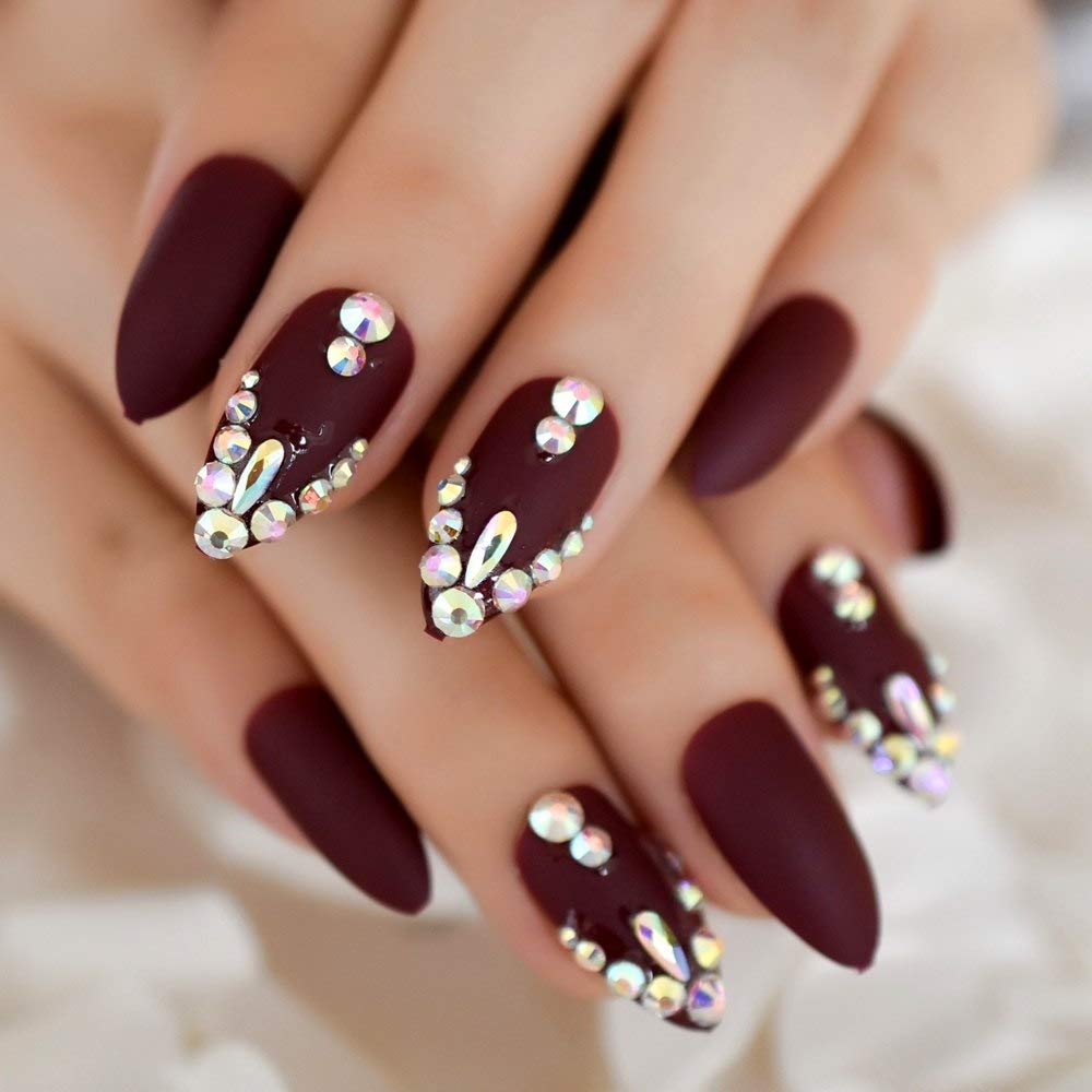 Amazon Com Coolnail 3d Shinning Rhinestones Matte Burgundy Stiletto Fake Nails Oval Almond Pointed Frosted Press On Designs False Wear Nail Beauty
