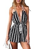 Choies Women's Cotton Black Stripe Drawing Elastic Waist Halter Romper Playsuit