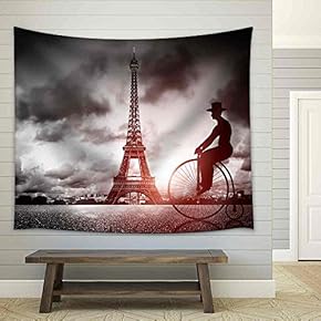 Man on Retro Bicycle Next to Eiffel Tower, Paris, France - Fabric Wall Tapestry Home Decor - 51x60 inches