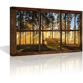 Kolo Wall Art Large Retro Vintage Fake Window Frame Sunshine Forest Painting Prints Framed and Stretched Picture Artwork for Living Room(Not Real Window Wooden Frame, Only Print on Canvas)