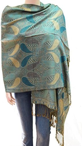 Flyingeagle Trade Elegant Paisley Pattern Double Layered Woven Multi-Color Pashmina Silky Shawl Scarf for Women (Teal Blue and Beige)