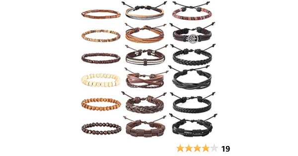 Finrezio 18 Szt Plecionych Bransoletek Skorzanych Dla Mezczyzn I Kobiet Plecione Mankiety Bransoletka Owijana Z Drewnianymi Koralikami Etnicznymi Tribal Bransoletki Regulowane Amazon Pl Fashion