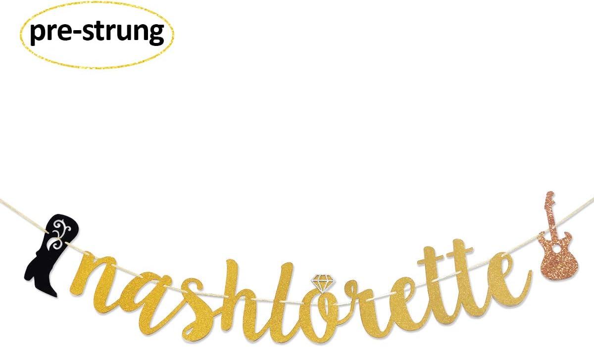 Nashlorette Gold Glitter Banner Sign Garland Pre-strung for Nashville Bachelorette Party Decorations