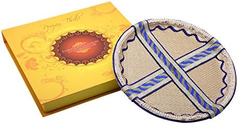 Ethnic Style Divine Pearl &amp; Blue Lace Work Stainless Steel Decorative Poojan Thali Set With Idol Of Laxmi Ganesh Ji
