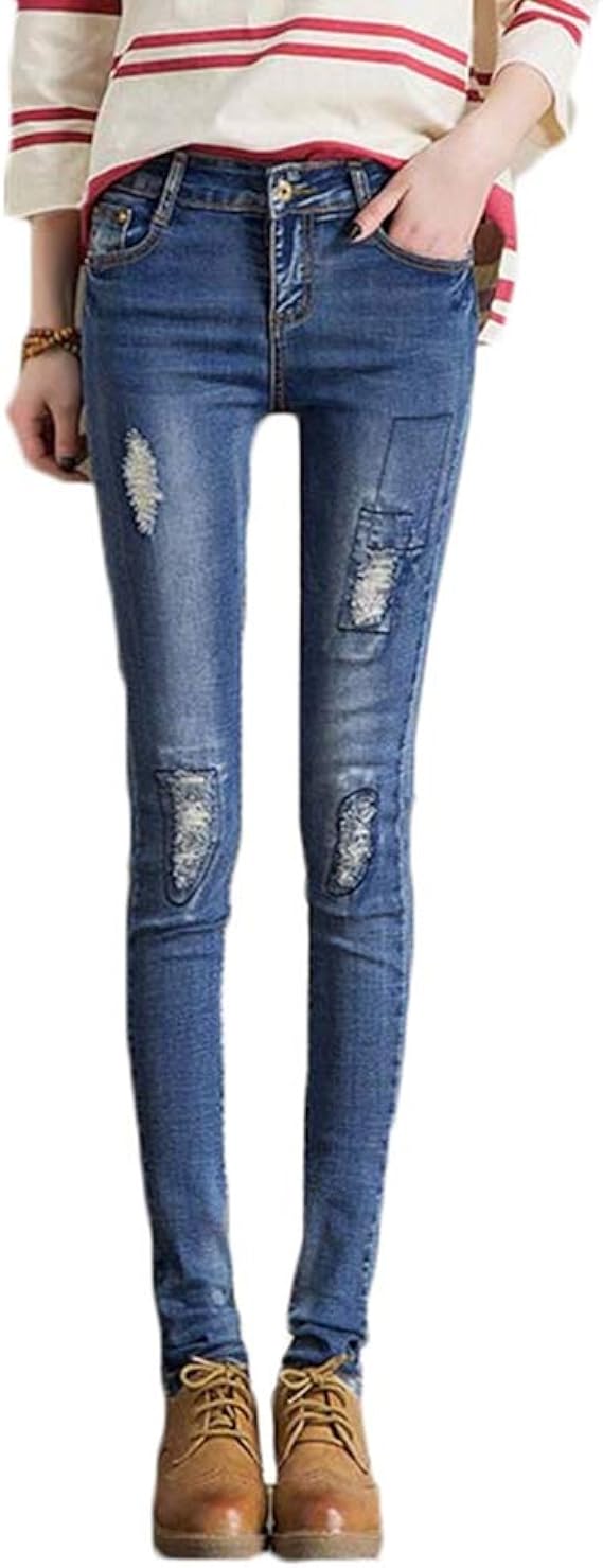 Amazon デニム風 レディース ジーンズ デニム パンツ ダメージ加工 タイト 着痩せ ロングパンツ 10分丈 7サイズ 26 32 ストレッチ 美脚 着痩せ スリム スキニー 無地 春夏用 おしゃれ きれいめ ジーンズ 通販