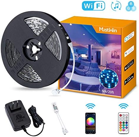MustWin RGB LED Strip Lights Kit, Dimmable WiFi Smart LED Strip Music Sync Lighting, 20ft 24V Super Bright Light Strip with 180 SMD5050 LEDs, ETL Listed, RF Remote, Works with Alexa and Google Home
