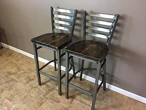 Set Of 2 Reclaimed Wood Seat Bar Stool | With Ladder Back Metal Frame | Restaurant Grade | High Quality |30 Inch High Barstool