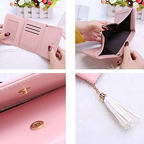 Girls' Lovely Student Short Wallet, PU Leather Coin Purse Pink wallet,Fringed Seventy Percent off, Small fresh Blue color Credit Card Holder(2 Pack,Pink purse&Blue Card Bag