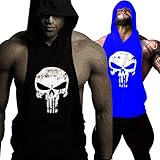 GZXISI Mens Skull Print Stringer Bodybuilding Gym Tank Tops Workout Fitness Vest (Large, 2 Pack:Black Hoodie,Blue Hoodie)