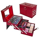 All In One Makeup Kit –  Eyeshadow, Blushes, Powder, Lipstick & More –  Highly Fashionable Red Leather Look Train Case 6” (Diagonal) Application Mirror –  Good for Beginners & Makeup Lovers