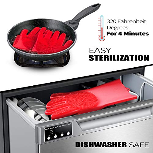 Magic Saksak Silicone Gloves, Silicone Cleaning Gloves for Kitchen Bathroom Cleaning, Pet Hair Care, Car Washing (1 Pair, Red)