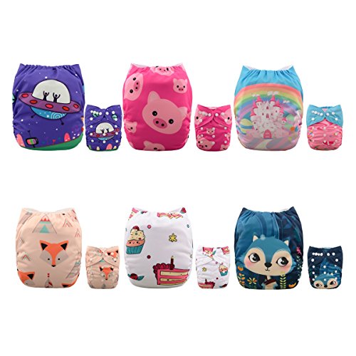 ALVABABY Baby Cloth Diapers 6 Pack with 12 Inserts Printed Designed Washable and Reusable Dipaers Fitted for Baby Girls 6DM04D