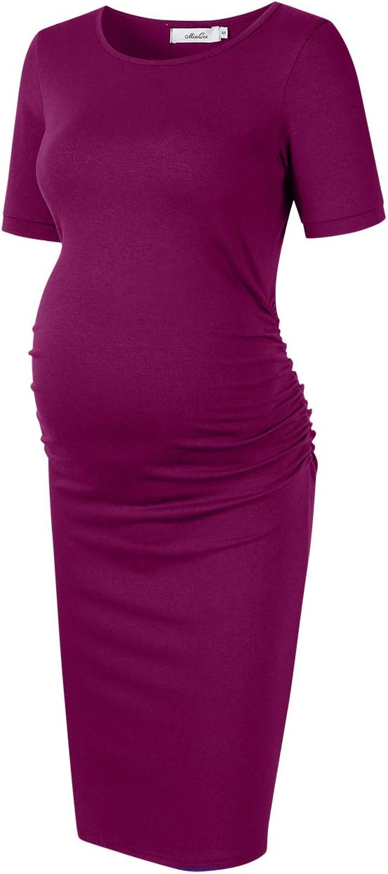 Coolmee Maternity Dress Ruched Round Neck Maternity Dresses