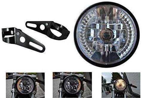 HANEU Black Universal Motorbike Headlight with Built In LED Indicators and Fork Brackets diameter 7 inch 12V 35W
