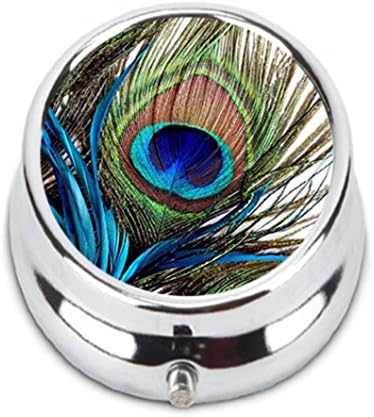 Chun Qige Peacock Feathers Unique Customization Stainless Steel Round Pill Case Box Holder，Durable Fashion Storage Box, Wallet