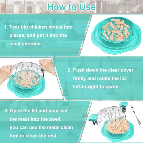 Large Chicken Shredder with Brush and Fork, Visible Shredder with Non-Slip Strip and Ergonomic Handle, BPA Free and Suitable for Chicken, Pork and Beef (Mint Green)