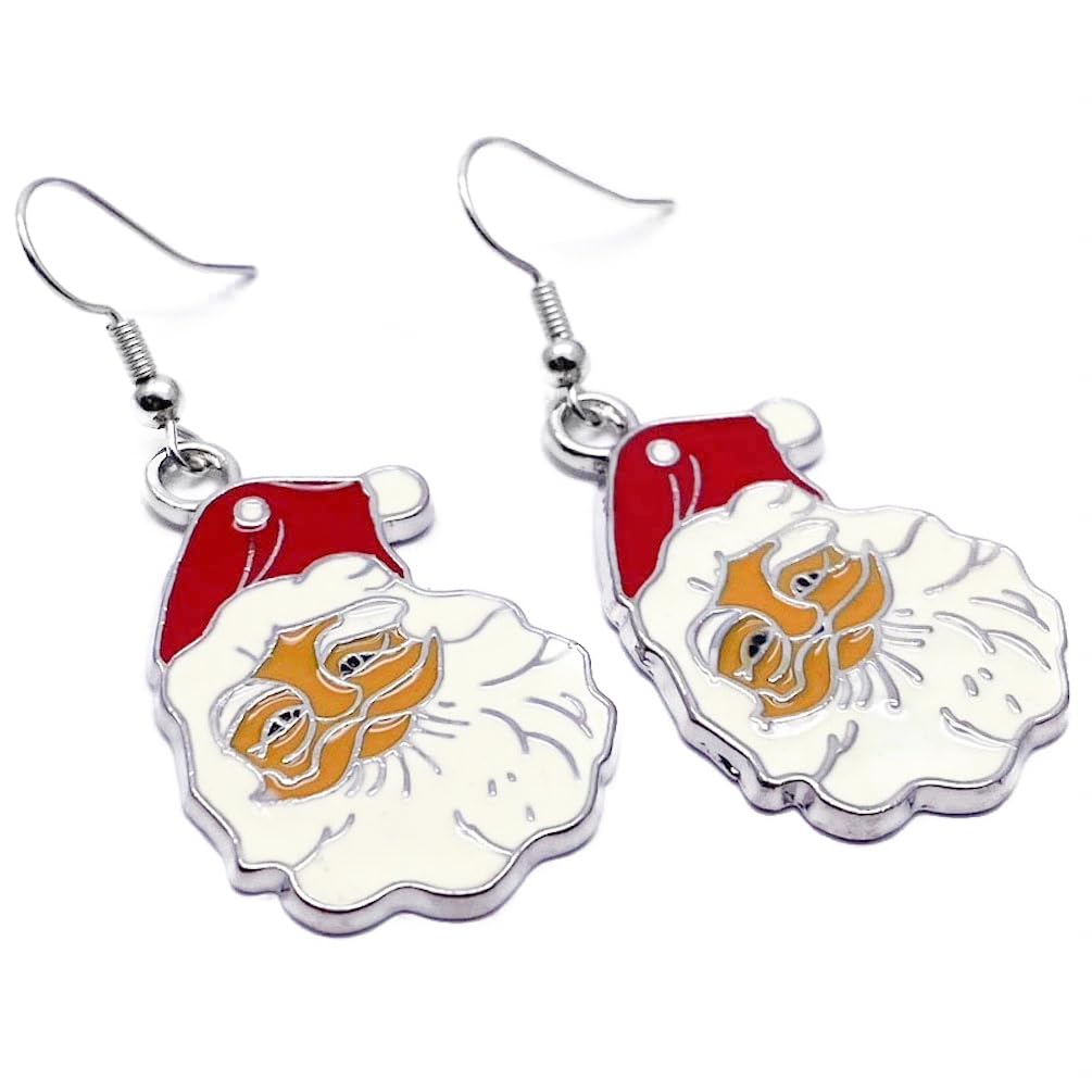 Father Christmas Enamel Charm Earrings, Red and White Santa Claus Charms on Nickel Free Silver Tone Hooks : 52mm long, Fun Stocking Filler Gift for Women
