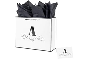 ysmile Letter Gift Bag with Wrapping Tissue for Men Women Boy Girl, 12" Large White Black Paper Bag for Birthday Anniversary Mother Day - Single A