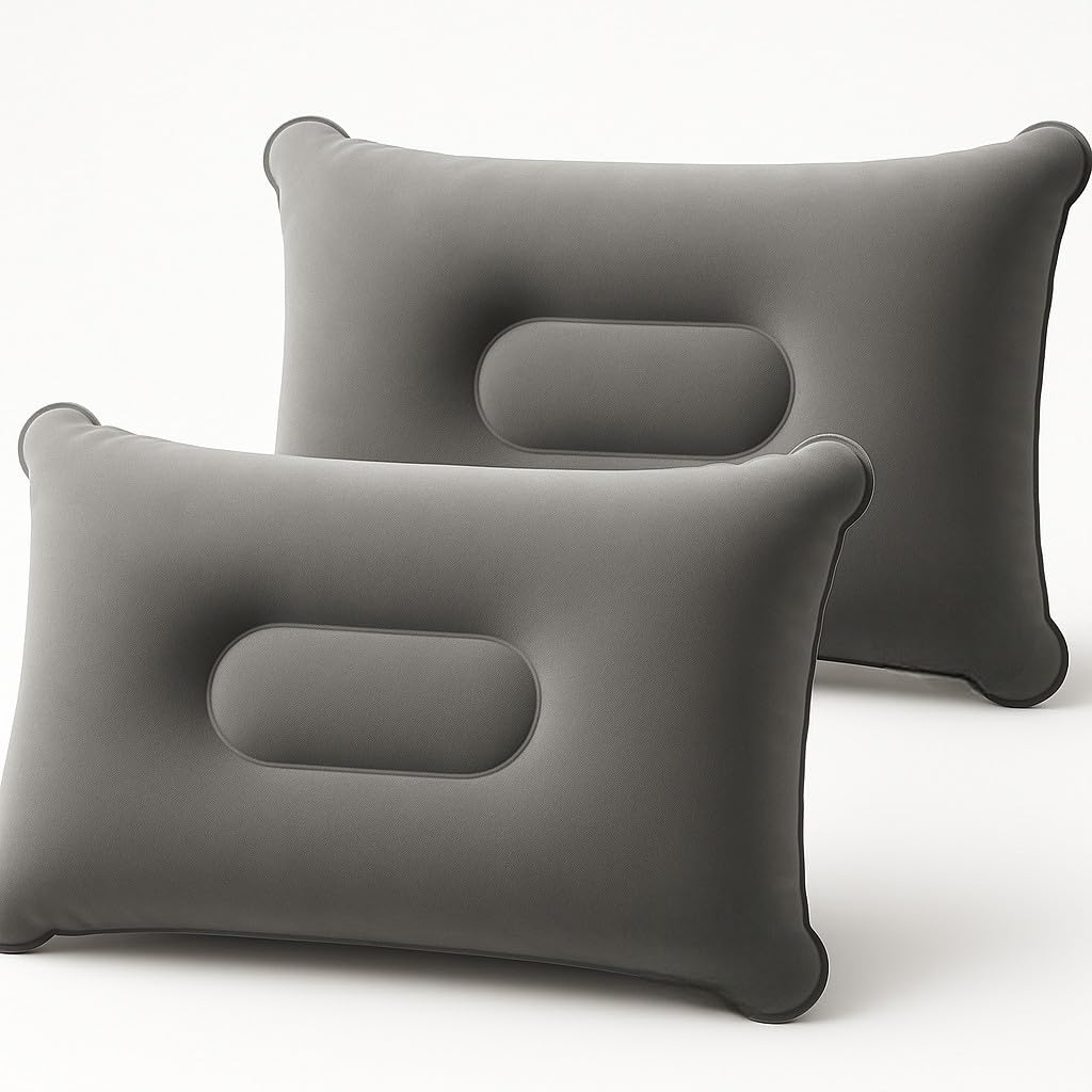 JR Quality Product Pack of Two Inflatable Blow up Pillows for Camping Holidays, Fishing and Travel Comfort. Compact and Light for Easy Storage (Grey) 37cm x 28cm