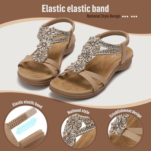 Littleplum Women's Flowers Arch Support Sandals Summer Fashion Non-Slip Beach Comfort Walking Bohemian Flat Sandals