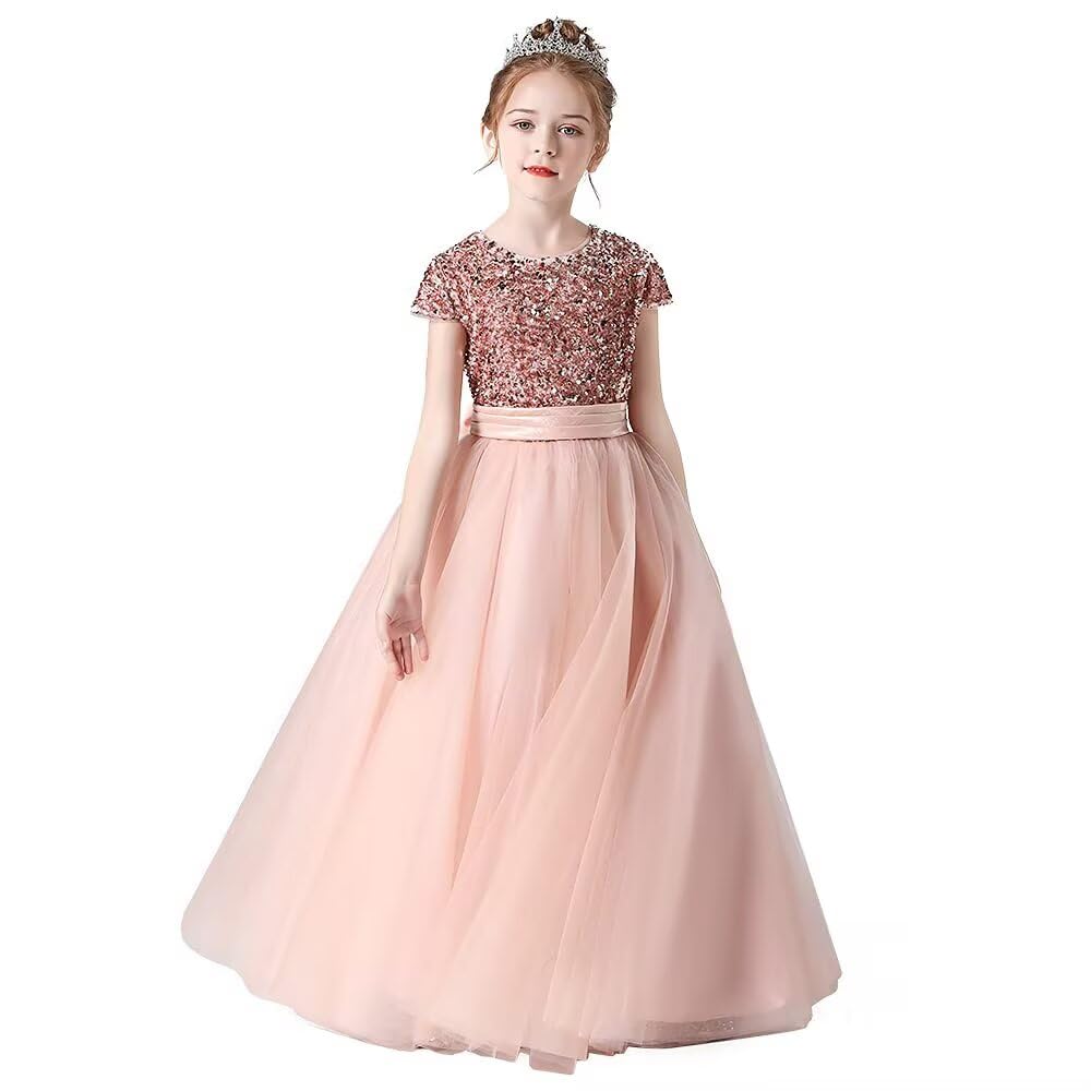 Photo 1 of ** DIRTY ** Flower Girls Dress Birthday Party Wedding Jr Bridesmaid Dresses Puffy Tulle Princess Shining Sequins Floor Length Pageant Gown Blush Pink 14
