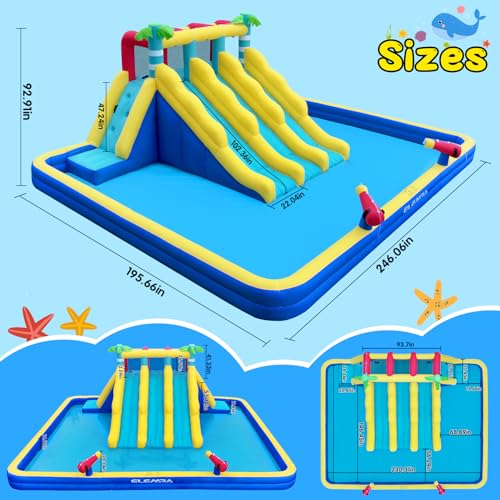 ELEMARA 20.66x16.4FT Inflatable Water Slide, 3 Extra-long Slides & Climbing Wall, Backyard Water Park with Double-layer Pool, 2 Water Cannons & Spraying Function, Includes 750W Air Blower for Big Kids