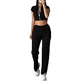 CutieLove Women's 2 Piece Outfits Zip Short Sleeve Crop Tops Wide Leg Long Pants Tracksuit Sets