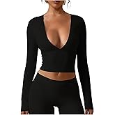 SOLY HUX Women's Deep V Neck T Shirt Long Sleeve Basic Slim Fitted Going Out Crop Tops
