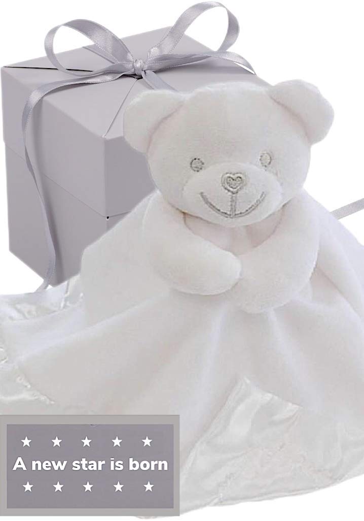 BUSHBABY ‘A New Star is Born' New Baby Comforter Blanket in Gift Box, Plush Animal Teddy Bear Soft Toy for Newborn Girls Boys (Neutral/Unisex White)