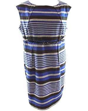 Calvin Klein Womens Plus Striped Belted Sheath Dress Blue 14W