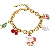 Christmas Santa Claus Charm Bracelet With Red Green Enamel Tree Jingle Bell Sock Pearl Goldtone Stainless Steel Fashion Cute Chunky Adjustable Chain Link Bracelets Xmas Festival Jewelry Gifts for Women Her