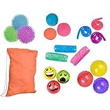 18pc Sensory Fidget Toy Bundle- Emoji Smile Face Stress Balls - Knobby Balls - Puffer Balls - Pull/Stretch Balls - Stretchy String - Water Wigglers - ADHD Therapy - Stress Relief Gift Assortment