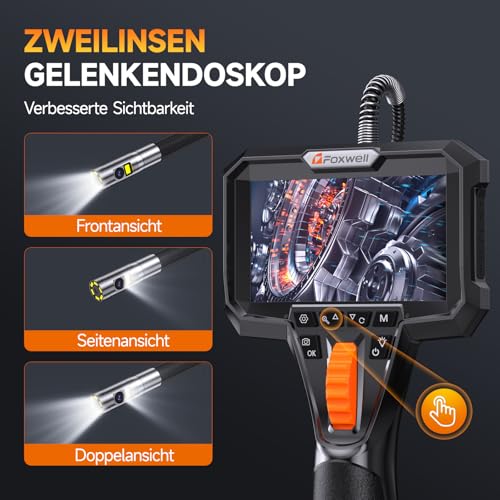 FOXWELL Y406D 6.5 mm Dual Lens Endoscope Camera with Light, 220° Two-Way Rotation Endoscope Camera, Movable Head, Endoscope Camera, 1.5 m Flexible Inspection Camera, Tube Camera for Car/Mechanics