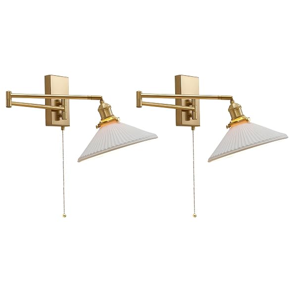 MAGIROZ WALL SCONCES SET OF 2 BRUSHED GOLD WALL MOUNTED SWING ARM LIGHT FIXTURE RETRO INDUSTRIAL HARDWIRED WALL LAMPS WITH PULL CHAIN BATHROOM VANITY SCONCES WALL LIGHTING INDOOR WALL LIGHTS MWL14A-2