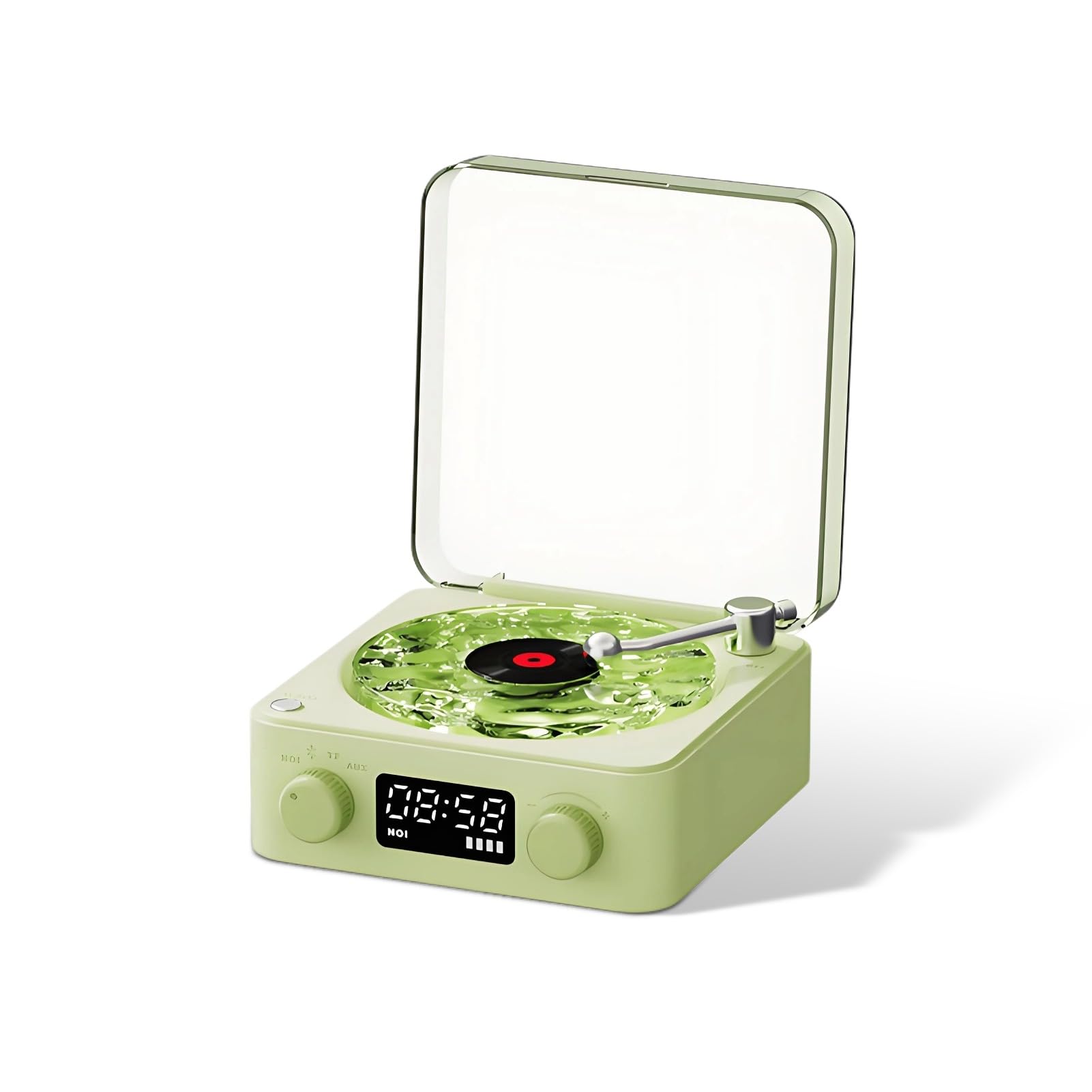 Bluetooth Record Player, 3 in 1 Record Player Style Speaker with Night Light and Time Display,Mini Record Player with 4 Sounds of Nature (Green)