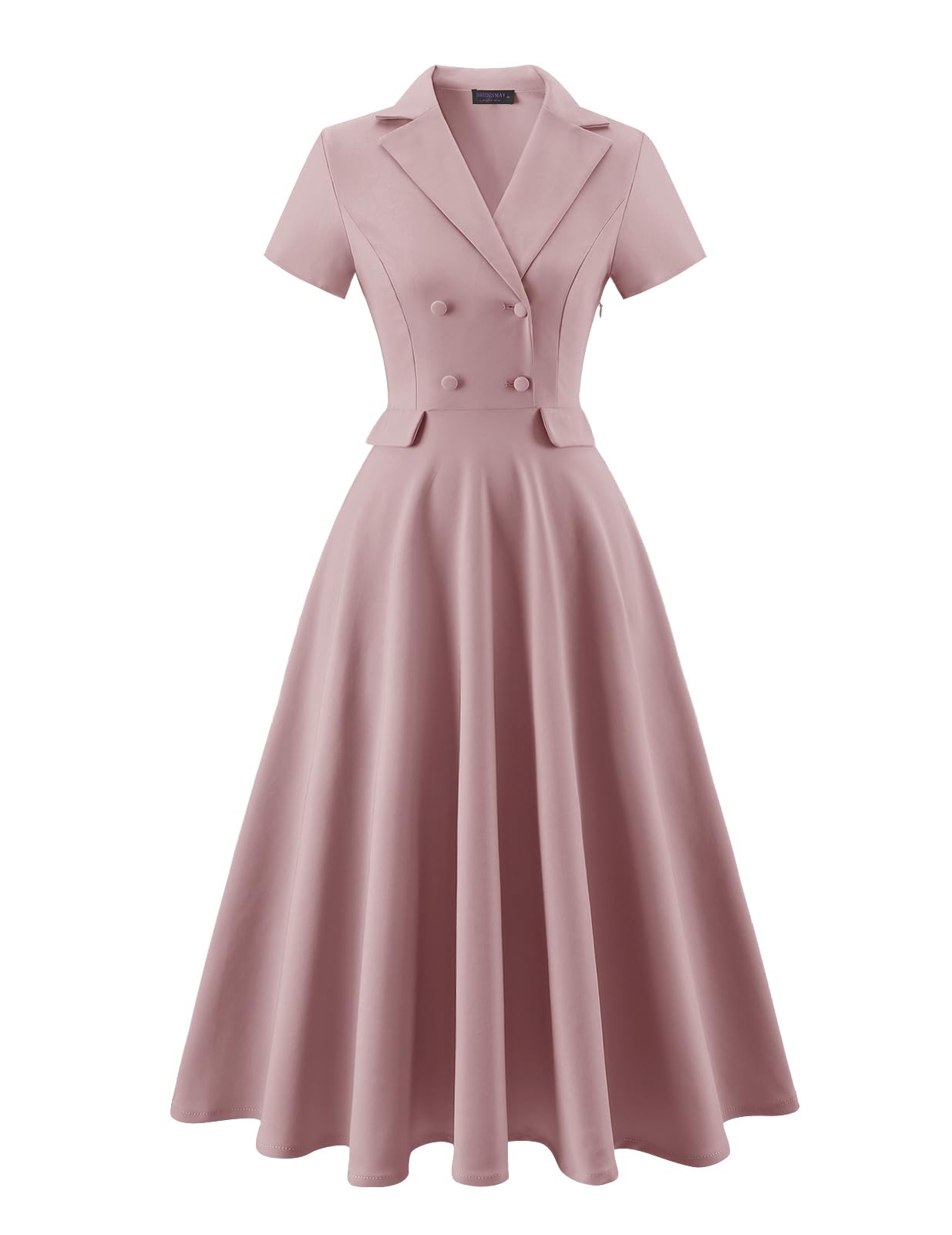 Photo 1 of Bridesmay Women's Collared Vintage Cocktail Dresses with Sleeves, Modest A-Line Midi Wedding Guest Church Dress (Blush, XL)