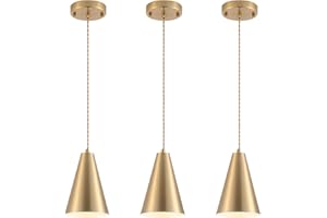 DIJIAHUA Gold Pendant Lights Kitchen Island,Dining Room Light Fixtures Over Table 3 Pack with Brushed Brass Cone Metal Shade, Modern Farmhouse Mini Chandeliers,Adjustable Cord Hanging Lighting for Bar,Sink